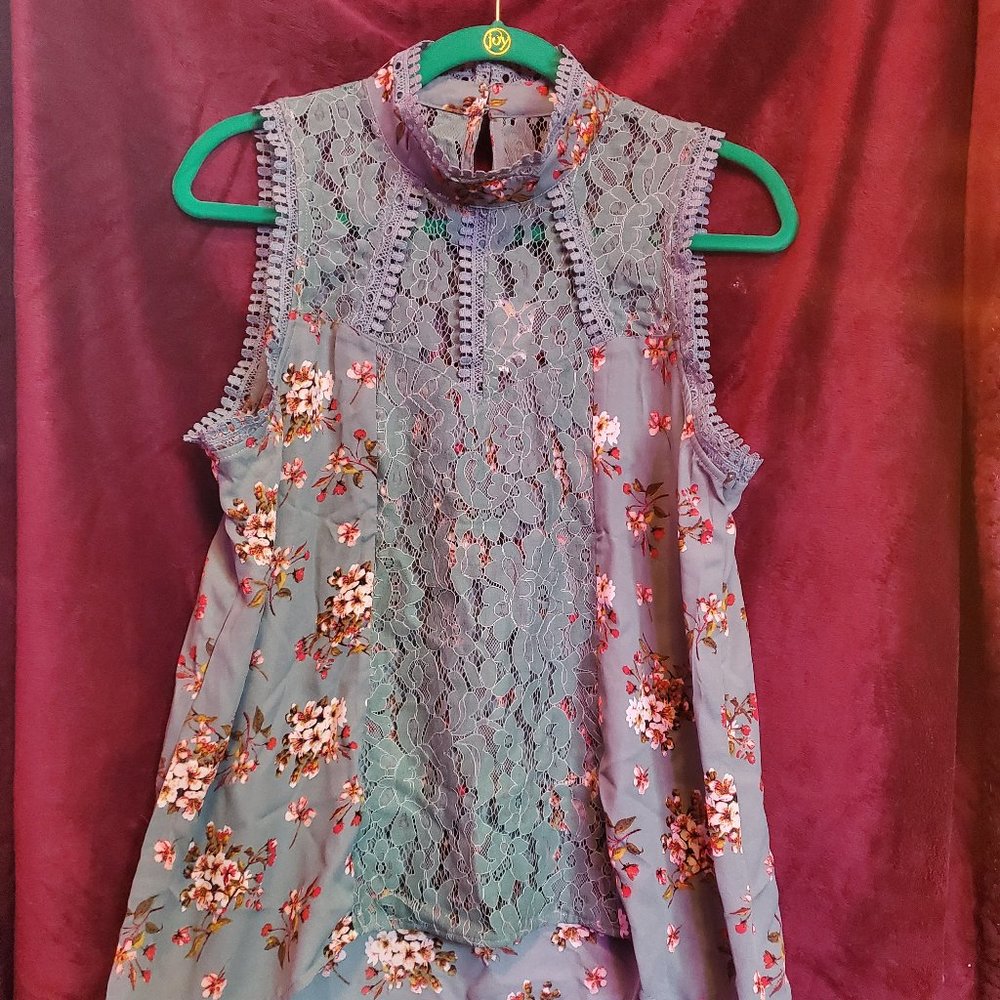 Top - Teal & Pink Floral Lace-Trim Mock Neck Sleeveless Top self esteem